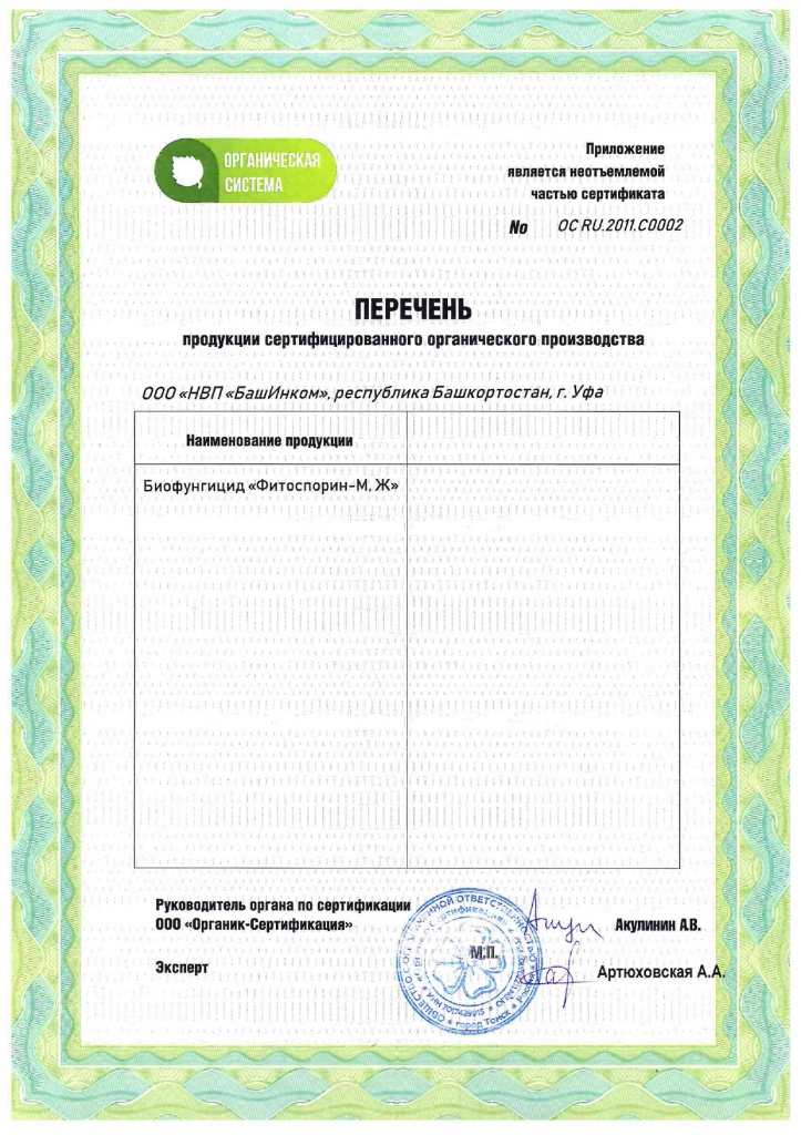 Органический сертификат Фитоспорин М.Ж